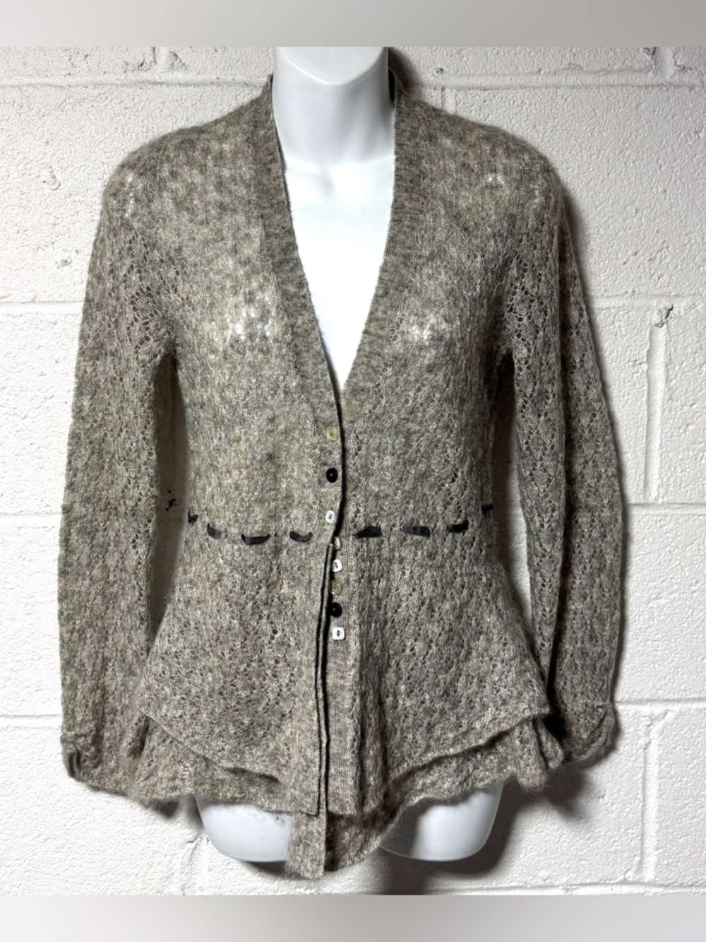Rosie Neira Anthropologie Gray Mohair Wool Cardigan Sweater Artsy Boho Peplum S